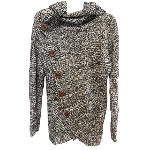 Grecerelle Women's 2X Asymmetrical Button Sweater Cowl Neck‎ Black White EUC - Picture 1 of 6